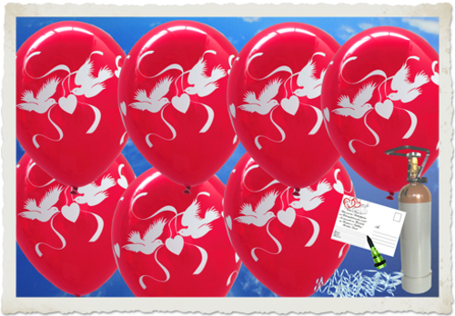 Luftballons zur Hochzeit, rote Rundballons mit weißen Hochzeitstauben und Herzen, Helium-Komplett-Set