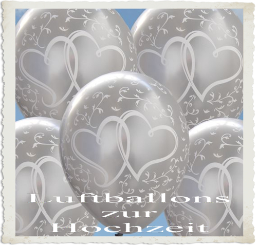 Luftballons zur Hochzeit, silberne Rundballons, verschlungene Herzen